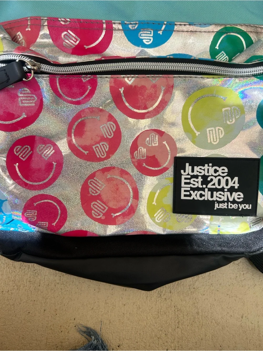 🤩 Justice Sport Smiley Face Daisy Backpack Turquoise Holographic School Bag